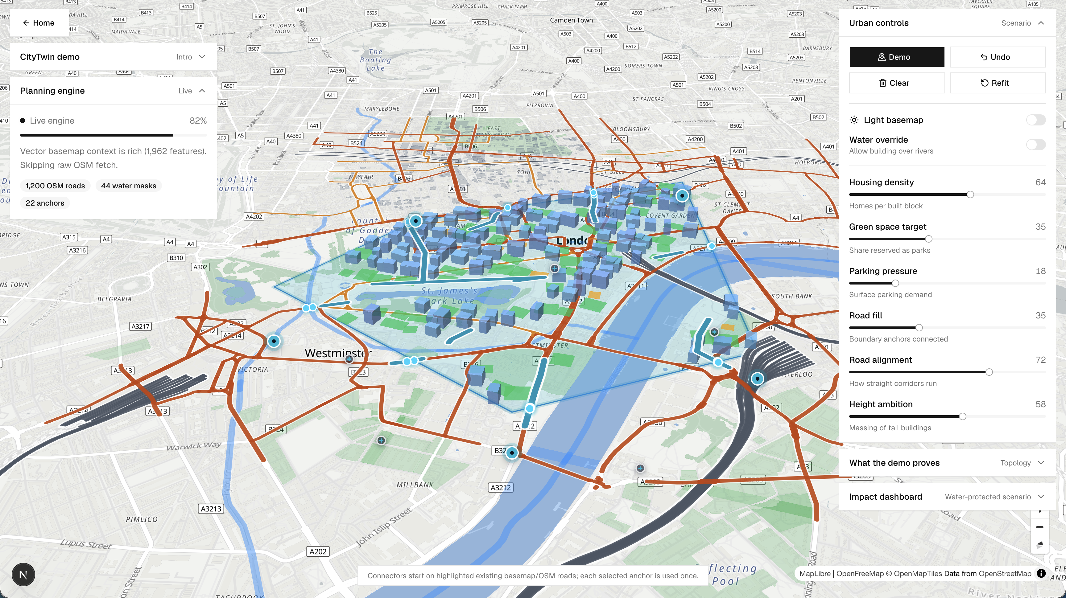 UrbanFlux CityTwin demo with generated buildings, roads, and planning controls over London
